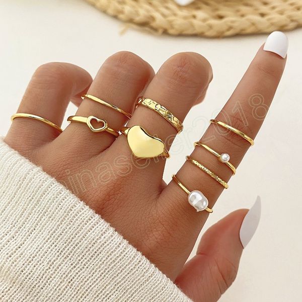 

vintage heart love stars rings set for women circle irregular pearl finger ring gift for lovers fashion jewelry, Silver