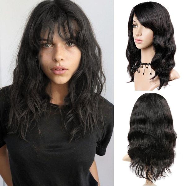 

fave natural wave wigs with bangs wig 100% brazilian remy human hair wigs #1b/99j/#4 color for black white women fast shipping, Black;brown