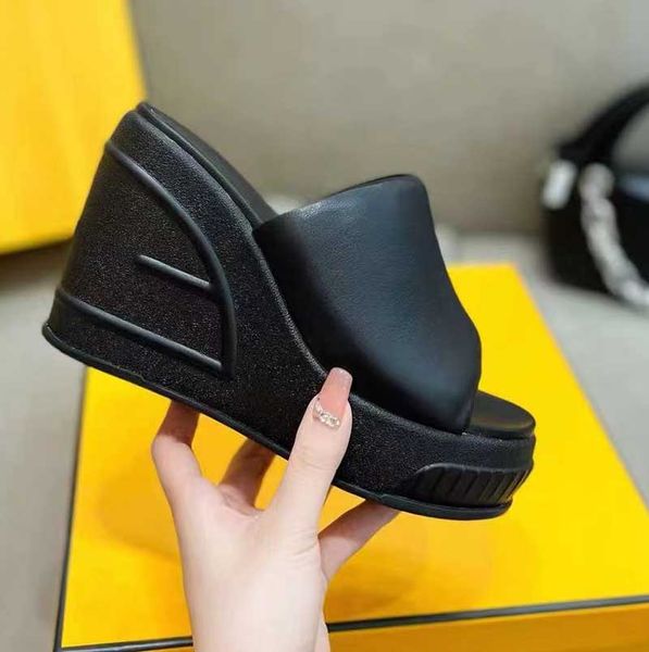 

2023 summer new one line thick sole high heel slippers women's matsuke sole elevated beach shoes slope heel lazy slippers, Black
