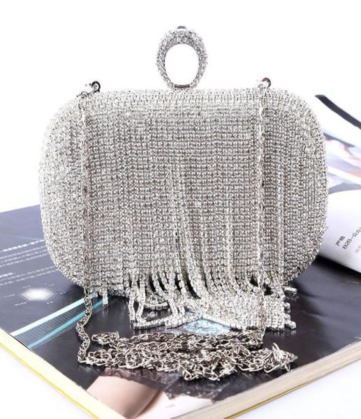 

new rhinestones women clutch bags diamonds tassels finger ring evening bags crystal wedding bridal handbags purse bags9613526, Black