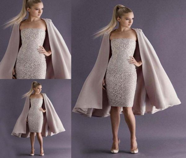 

lace sheath strapless prom dresses with cape ruched sleeveless zipper backless formal dresses charming knee length evening dr8456691, Black;red