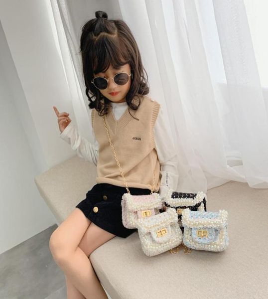 

ins baby girls princess handbags fashion children plaid pearl singleshoulder bags kids pliad chain messenger bag mini purse s8859868886, Black