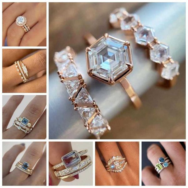 

band rings 3pcs/set trendy geometric cubic zircon wedding ring set for women party engagement jewelry copper hand accessories ring set aa230, Silver