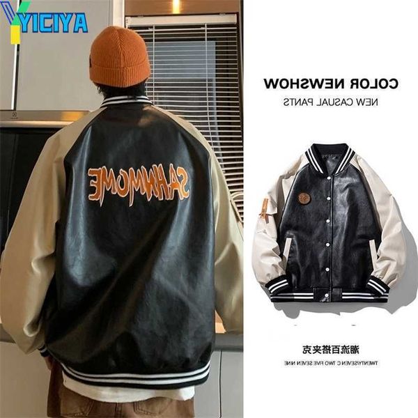 

yiciya mens jackets autumn men hip hop patchwork leather jackets baseball uniform bomber jackets for mens youth trend college varsity clothi, Black;brown