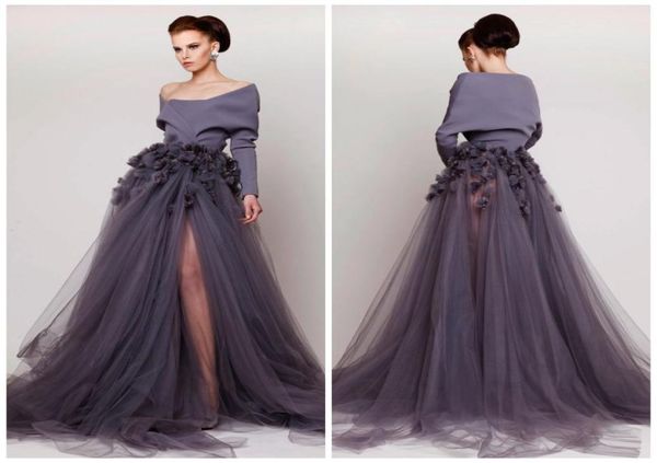 

off shoulder red carpet dress hand made flower long sleeve side split tulle evening dresses azzi osta fashion sweep train p3038003, Black;red