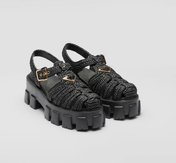 

designer sandal women crochet cage sandals fashion platform slipper workmanship chunky rubber slide buckle shoe summer beach loafers, Black