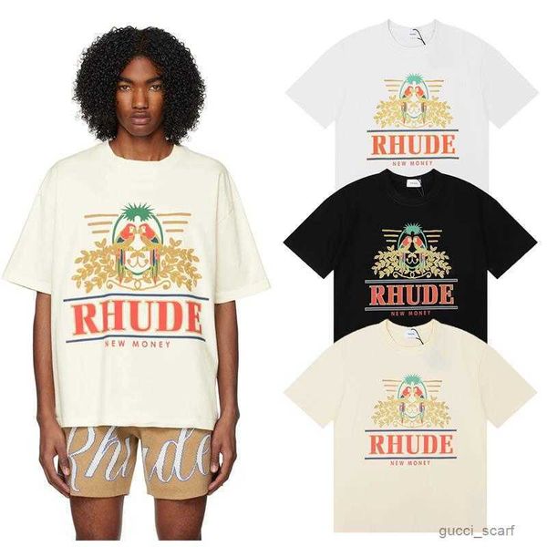 

designer fashion clothing tees hip hop tshirts 23ss rhude parakeet long tailed parrot print high street casual versatile short sleeve t-shir, White;black