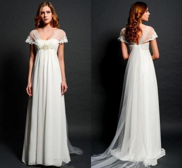 

sheer lace bolero cap sleeves wedding dresses 2015 for pregnant women empire waist vneck illusion back elegant beach bridal gowns5074493, White