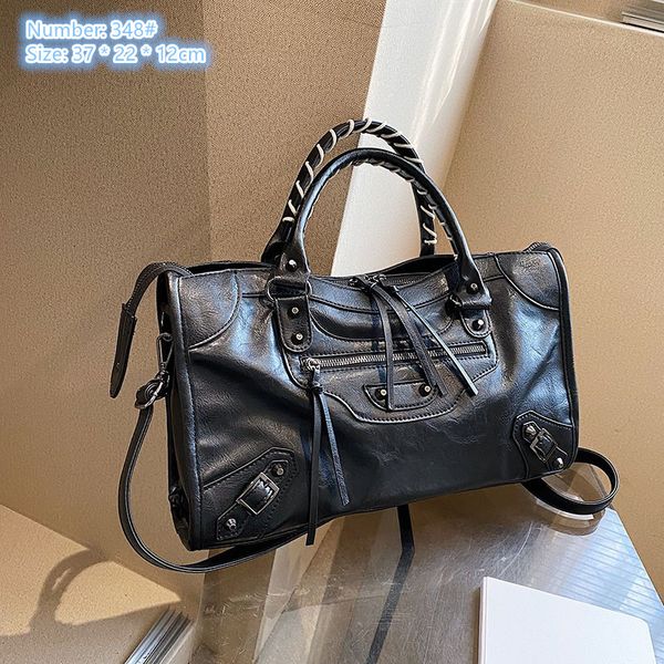 

wholesale ladies shoulder bags 3 colors street popular rivet motorcycle handbags large capacity thick leather handbag simple zipper decoration retro tassel bag, Brown-348#