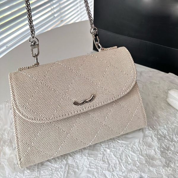 

linen summer women designer flap bag silver metal hardware shoulder cross body handbag turn lock removable chain luxury clutch purse hollow