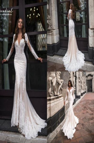 

2019 mermaid wedding dresses sheer jewel neck lace appliques sweep train long sleeve bridal gowns plus size modest country wedding4179734, White