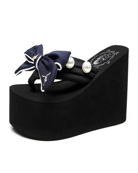 

11cm heel ladies slippers wedges platform shoes beach flip flops 2019 summmer sweet bow womens flipflops fashion casual tourist sl8541215, Black