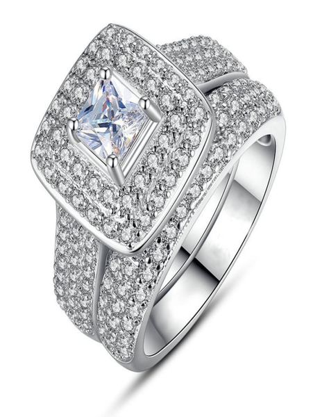 

2pcs sets wedding engagement ring for women bridal classic square cut cubic zirconia crystal silver color fashion jewelry chirstma8994127, Slivery;golden