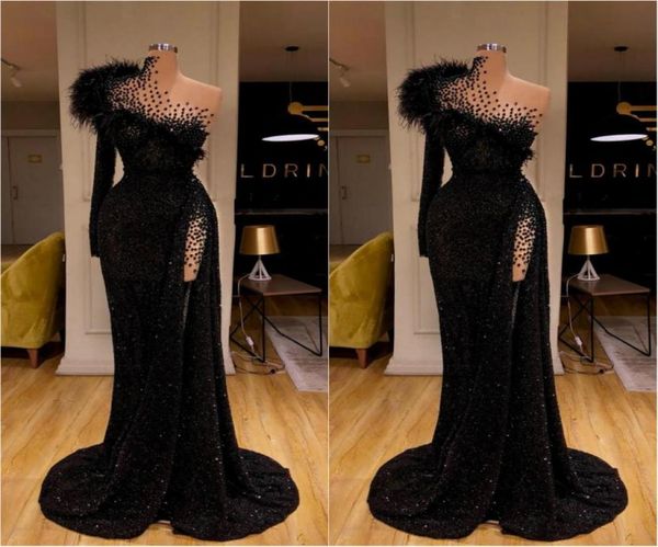 

2020 new black sequined evening dresses beaded feather mermaid prom dress high split formal party second reception gowns6848458, Black;red