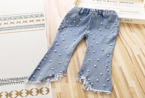 

girls beaded flare jeans 2022 spring kids hole tassel denim pants ins children casual cowboy trouser a8237218a4864146, Blue