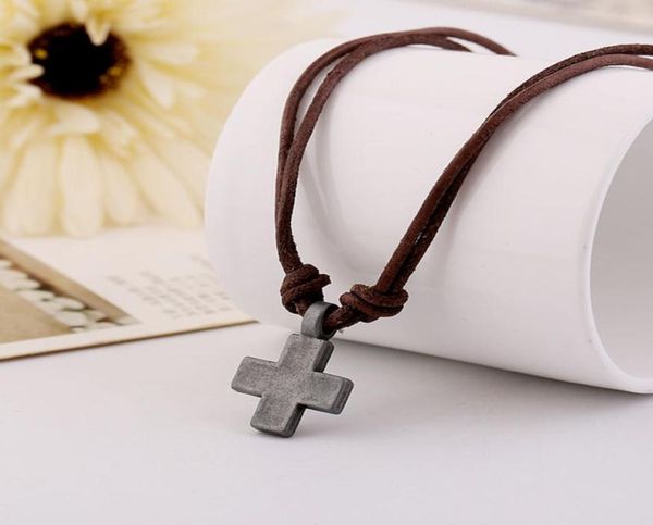 

1 pc cross mens jewelry vintage genuine leather rope necklace for women punk antique pendant necklaces fashion prayer gift chain9031618, Silver