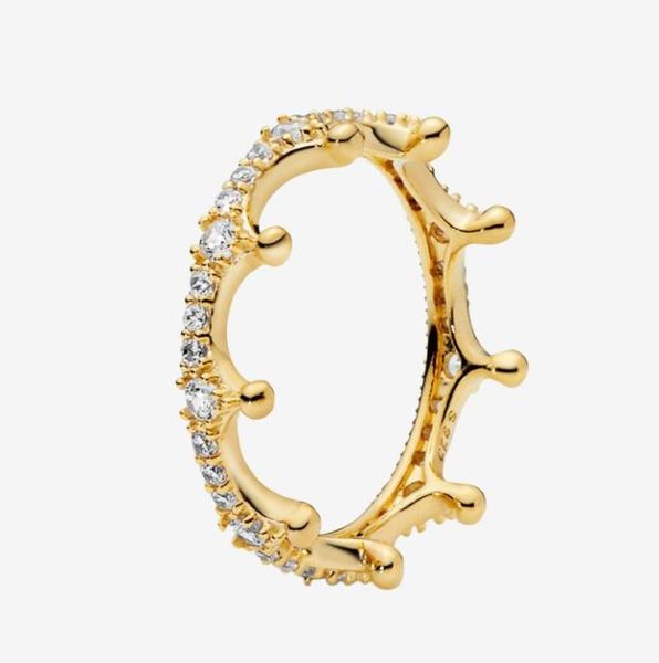 

yellow gold plated ring women girls cz diamond wedding rings with original box for pandora sterling silver sparkling crown ring3307905