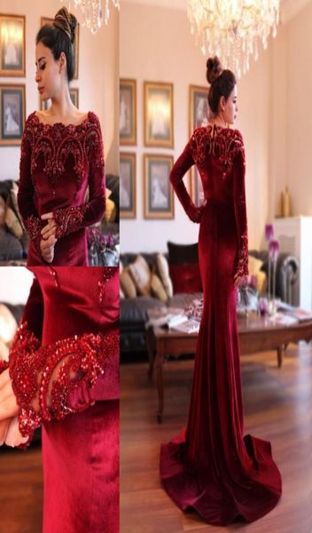 

2018 arabic islamic abaya in dubai muslim evening dresses scoop neck dark red velvet lace crystal beads long sleeve mermaid party 1598328, Black;red