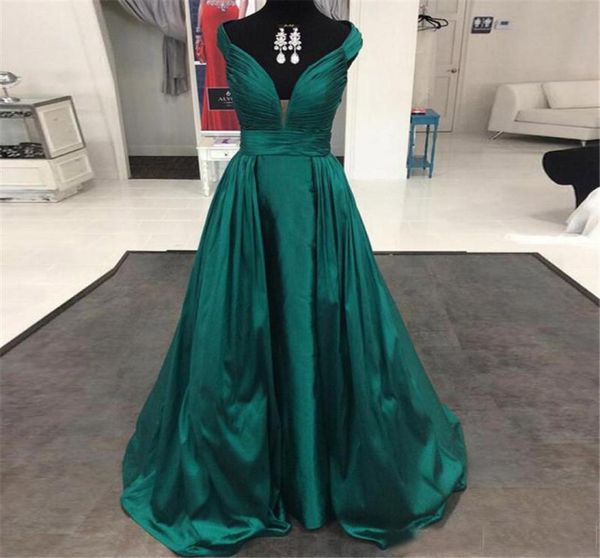 

2019 elegant emerald green satin a line evening dresses vneck ruched long formal prom gowns custom robe de soiree7421091, Black;red