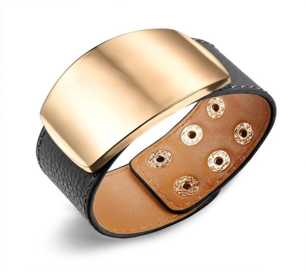 

3cm wide chunky women leather cuff bracelet gold alloy belt bangle with snap button3772928, Golden;silver