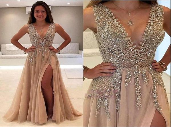 

2018 deep v neck seethrough prom dresses with high split sparkly beading crystal evening gowns women arabic party dresses ba7085428, Black