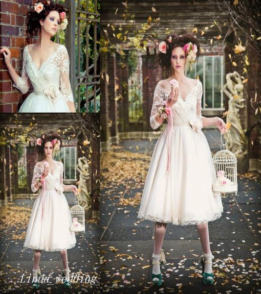 

vintage tea length wedding dresses with sleeves graceful ivory a line lace reception wedding dress bridal party gowns9683826, White