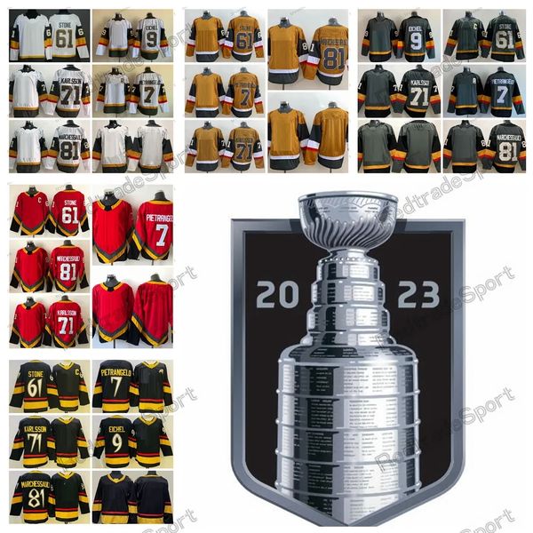 

2023 stanley cup final hockey jerseys 61 mark stone c 7 alex pietrangelo 71 william karlsson 81 jonathan marchessault 9 jack eichel jersey m, Black;red