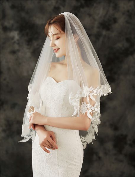 

white, ivory short wedding veils with applique edge bridal veil with comb, Black