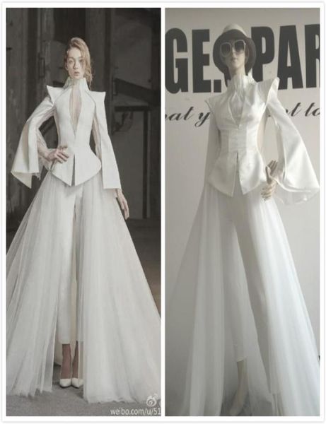 

long sleeve suit pants high neck unique design luxury evening gown ivory prom dress with train illusion two pieces custom made plu9166377, Black;red