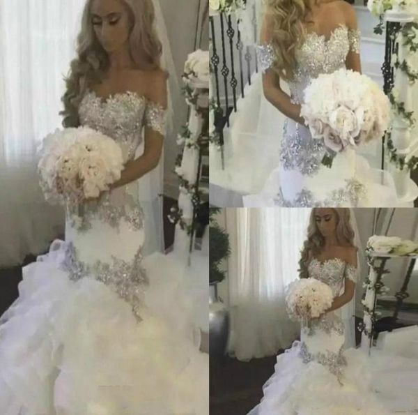 

elegant organza tiers plus size mermaid wedding dresses ruffle off shoulder beads crystal arabic country bridal gown bride dress c3207413, White