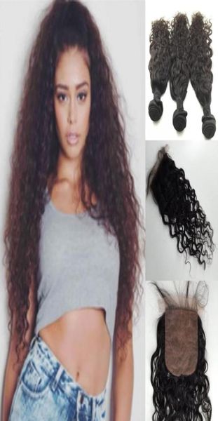 

6a malaysian brazilian virgin hair water wave 1pcs silk base closure with 3pcs hair bundles unprocessed wet and wavy human hair ex5981343, Black