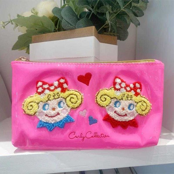 

curly hair pencil case for purse girls cute cosmetic bag storage student stationery candy color cartoon change, Red;black