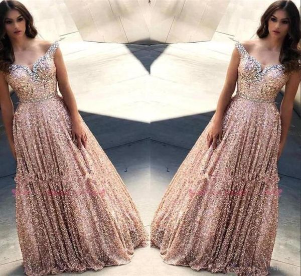 

2020 rose gold sequins prom dresses crystals sparkly gillter beaded straps floor length custom made plus size evening party gowns 1806173, Black