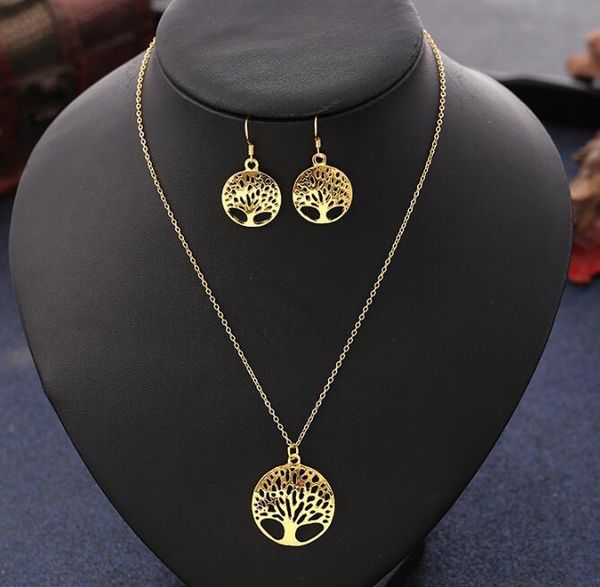 

fashion women hollowing tree life disk pendant necklace and earrings jewelry set plated golden silvery, Silver