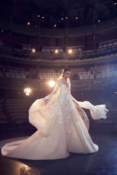 

elie saab wedding dresses a line jewel neck sweep train lace tulle applique beach wedding gowns backless long sleeve bridal dress5629939, White