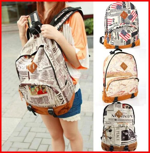 

new fashion vintage fashion girls stundents canvas backpack newspaper map flag design printed schoolbag shoulder bag outdoo6502722