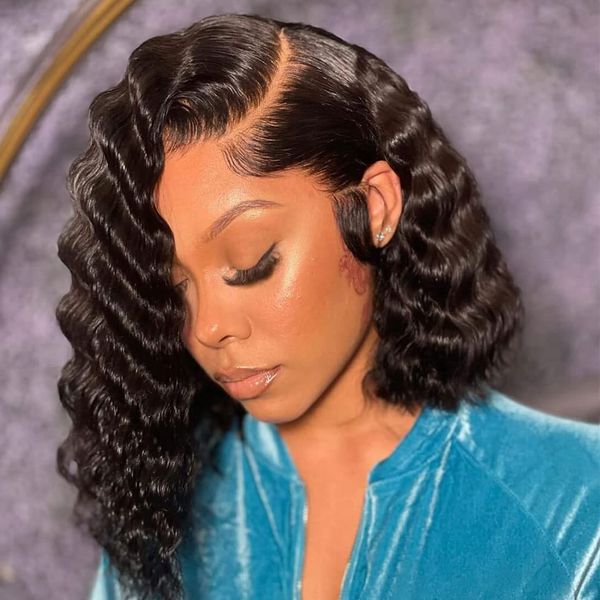 

short curly bob wig pre plucked deep wave bob wig human hair glueless brazilian curly human hair wigs for women 180% remy hair, Black;brown