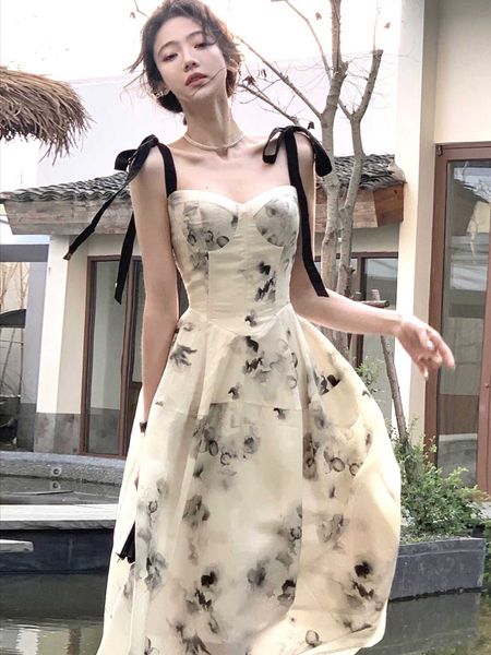 

midi dress summer women new elegant spaghetti strap vintage print dresses prom evening party fashion robe female clothing, Black;gray