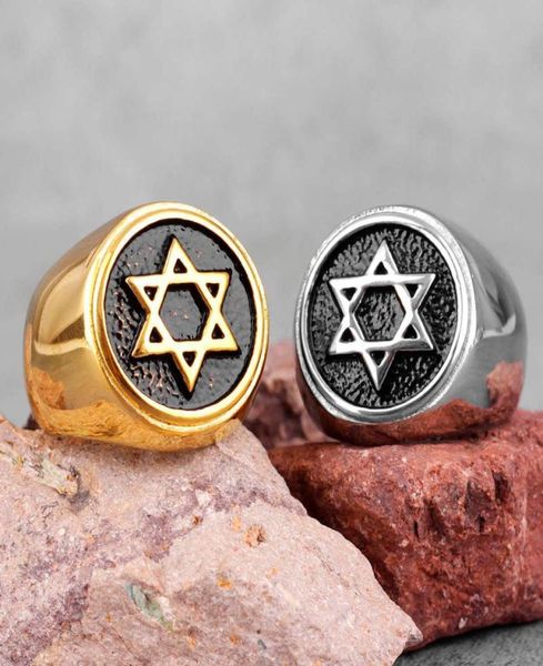 

judaism hexagram star of david stainless steel mens rings punk hip hop for male boy biker jewelry creativity gift whole x07154967103, Slivery;golden