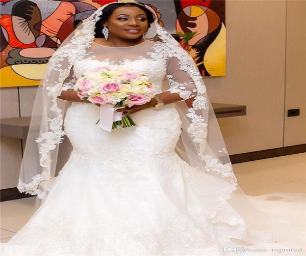 

charming plus size bridal dress long sleeves 2020 sheer neck lace appliques crystal mermaid wedding dresses african wedding gowns 5315813, White
