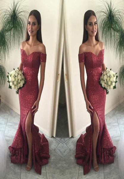 

red sequined mermaid evening dresses with short sleeve off the shoulder side split long party dress 2019 formal plus size prom gow3862508, Black;red