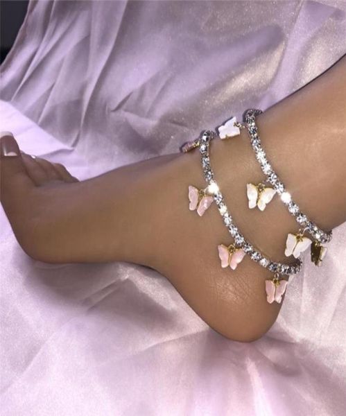

acrylic butterfly women anklets iced out tennis chain leg bracelet rhinestone silver gold animal pendant charms fashion beach feet8524225, Red;blue