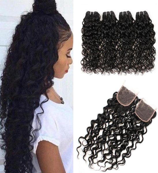 

malaysian water wave 4bundles with closure 8a virgin hair water wave with 4x4 lace closure malaysian wet and wavy human hair exten7610686, Black