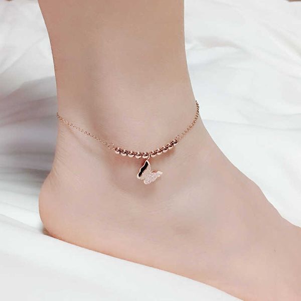 

anklets rose gold color stainless steel beads animal barefoot anklet korean fashion women matte butterfly ankle leg bracelet sandals aa23053, Red;blue