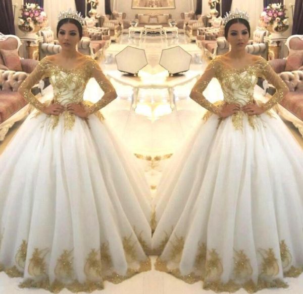 

elegant sheer long sleeves lace a line wedding dresses arabic organza gold applique beaded court train wedding bridal gowns bc17045292617, White