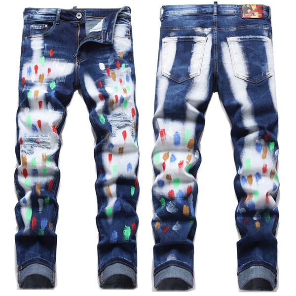 

men's jeans european jean hombre letter pattern men embroidery patchwork ripped for trend brand motorcycle pant mens skinny punk style, Blue