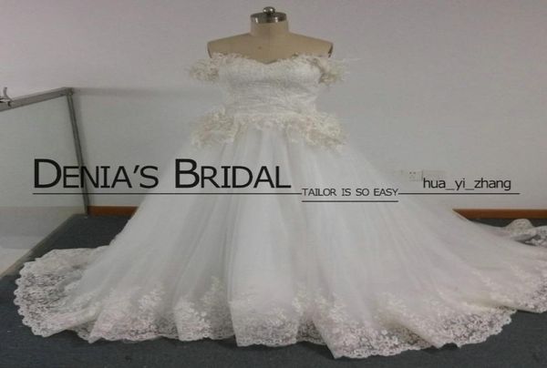 

maison yeya wedding dresses hand made flowersfeathersappliques chapel train bridal dresses real images with veil and pettic7821414, White