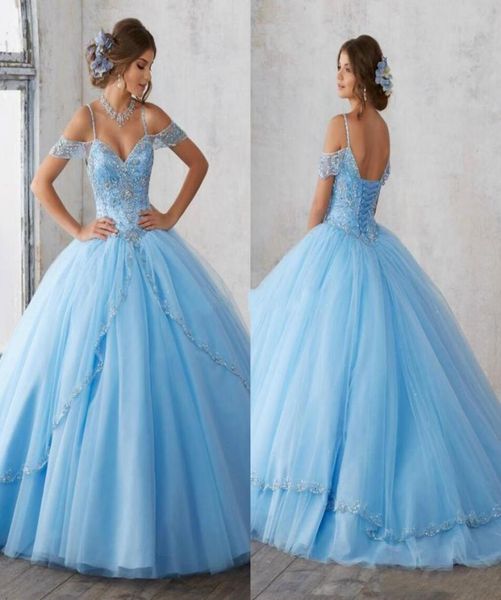 

2019 light sky blue ball gown quinceanera dresses cap sleeves spaghetti beading crystal princess prom party dresses for sweet 16 g4864336, Blue;red