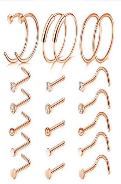 

screw nose rings lshaped cshaped nostril studs 316l stainless steel body jewelry 21pcs mixed set66186456568039, Silver