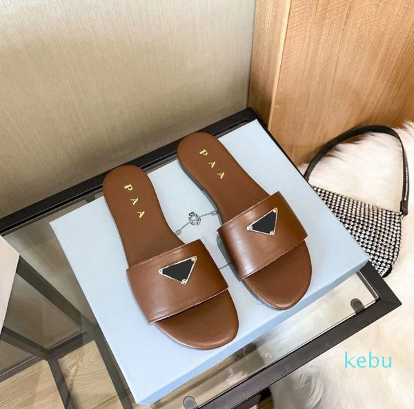 

2023 slipper sandals flat slides flip flops summer genuine triangle leather outdoor shoes slippers, Black